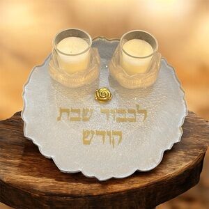 Elegant Epoxy Shabbat Candle Holder with Gold Accents